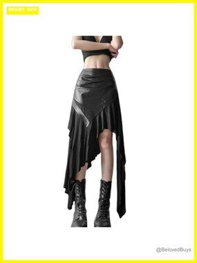 Faux Leather Asymmetrical Maxi Skirt High Waisted Goth Punk Grunge